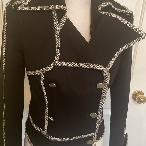Caché Vintage Black Asymmetrical Double Breasted Short Jacket w/ Unique Trim - Picture 4 of 9